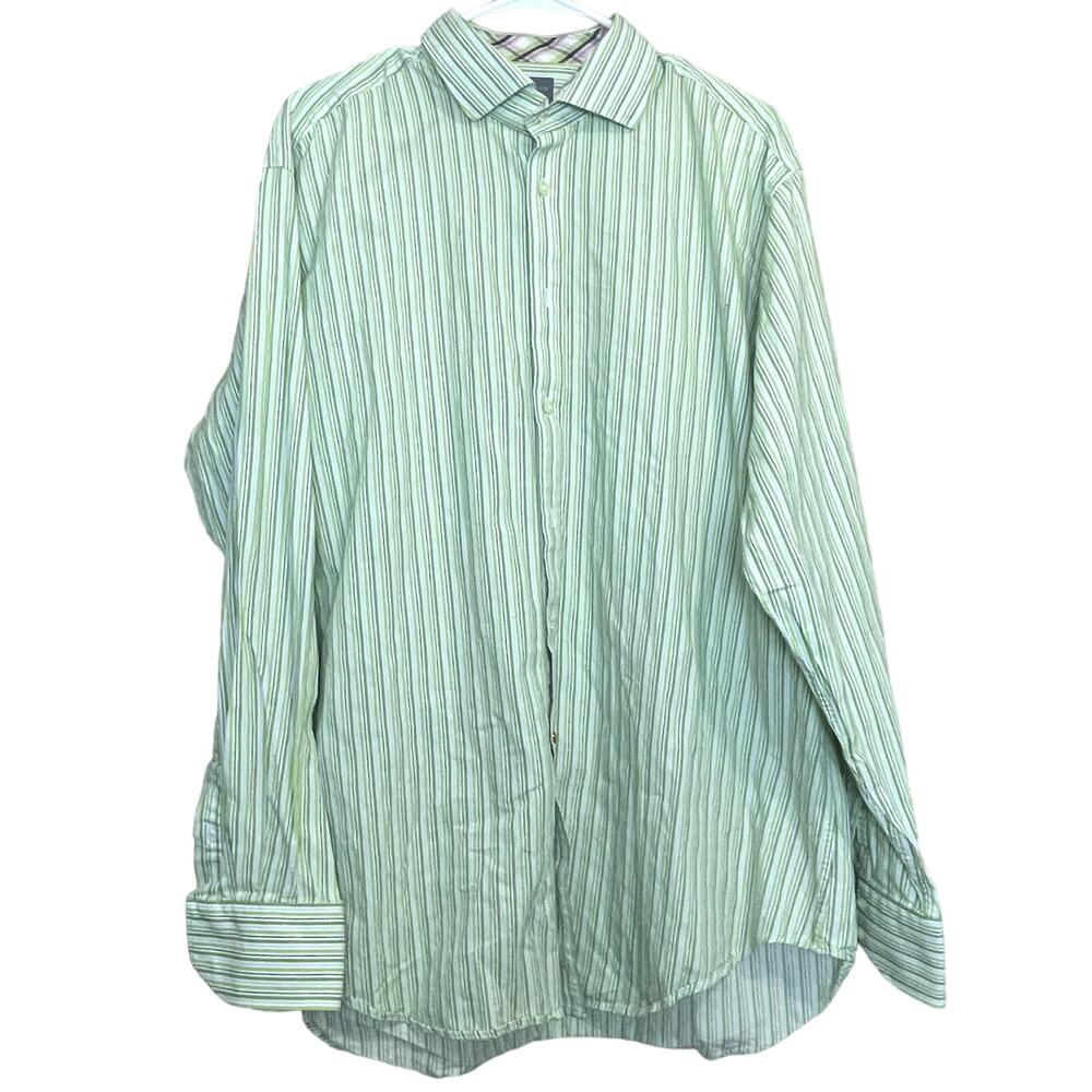 Thomas Dean Long Sleeves Button Down Shirt Size XL Green‎ And White Striped